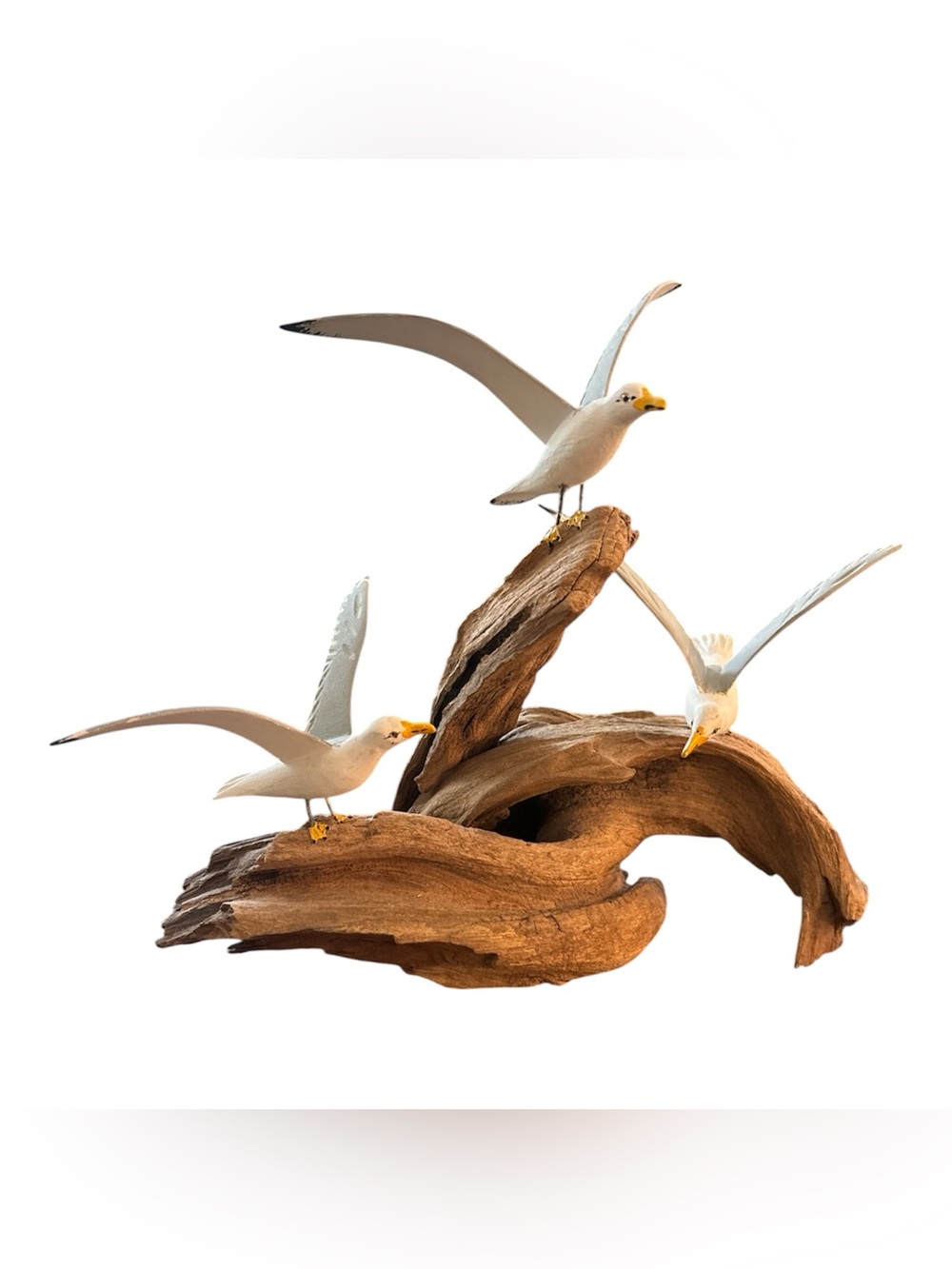 Vintage Hand Painted Seagulls on Natural Driftwood Sculpture Coastal Decor